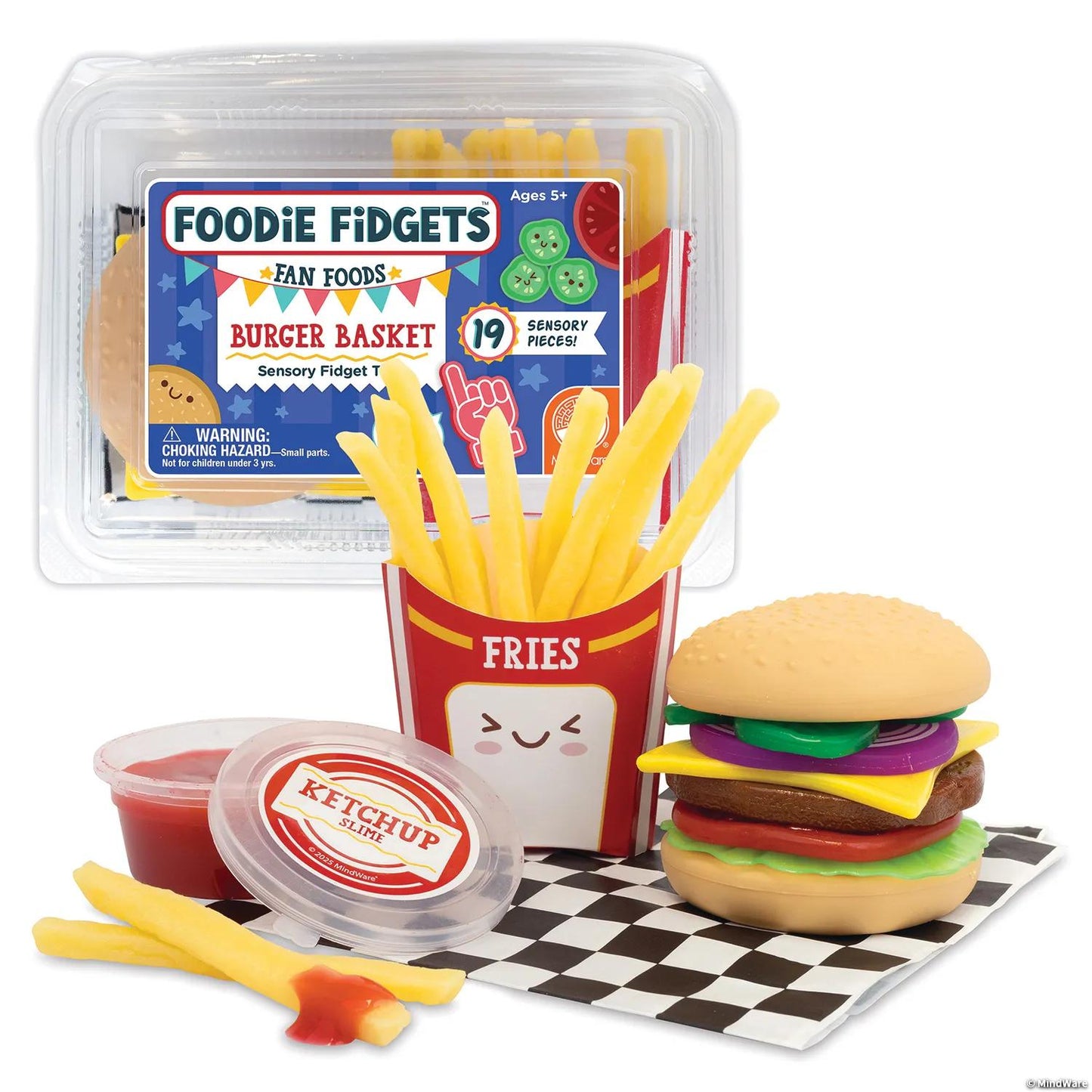 Foodie Fidgets Fan Foods: Squishy Burger Basket with 19 Tactile Sensory Pieces & Slime